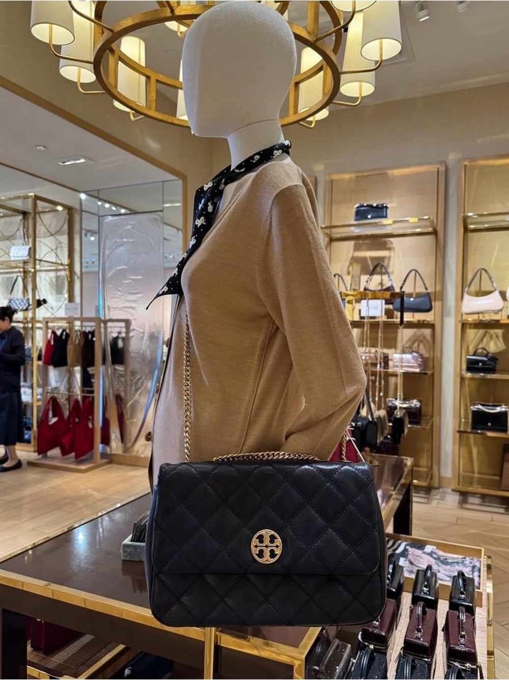 Tory Burch Willa Black Quilted Shoulder Bag with Gold Logo excellent condition